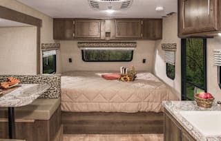 Modern travel trailer bunk house layout with all the comforts of home